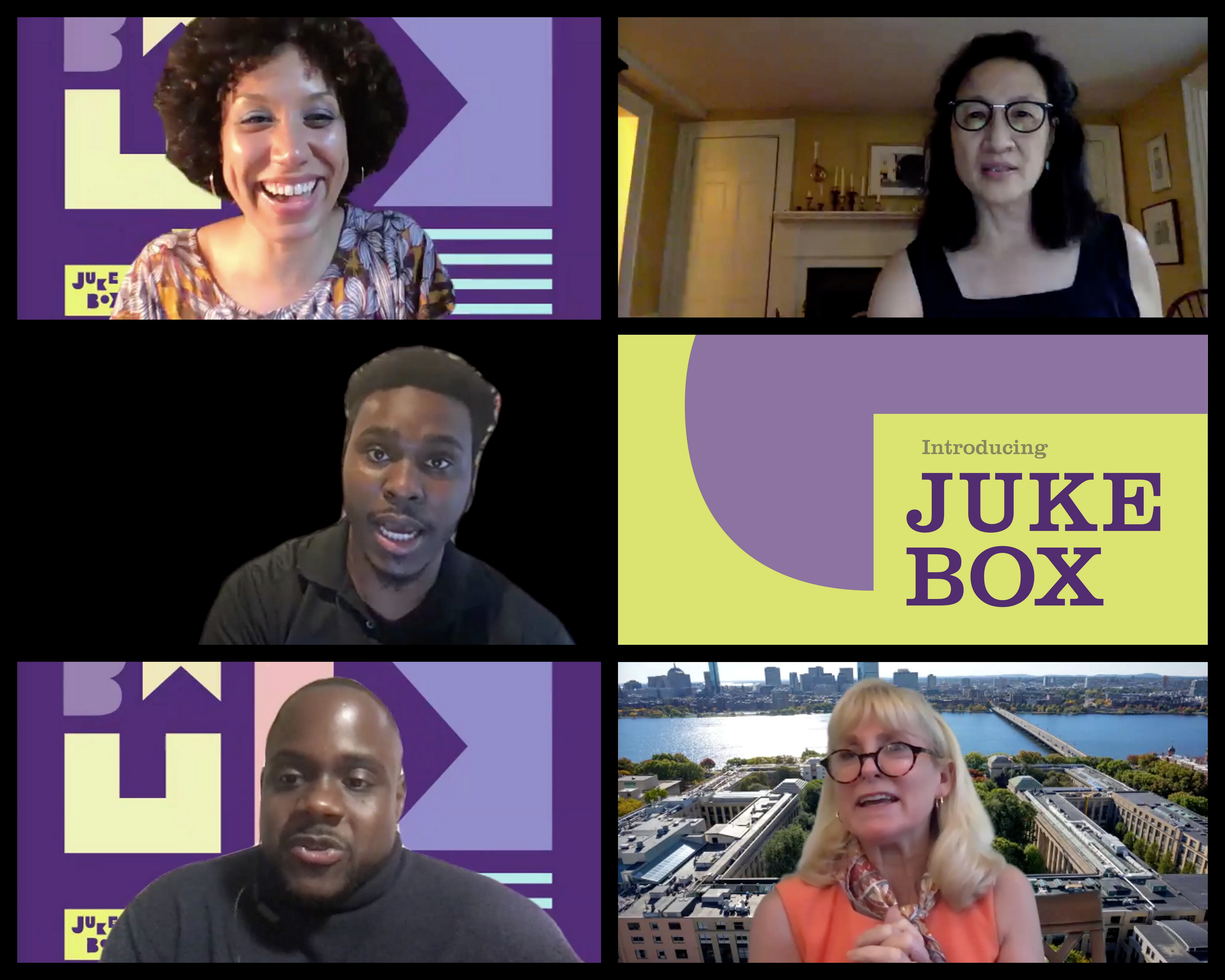 Video stills from “Introducing Jukebox,” Jukebox’s kick-off virtual
program which took place on July 28, 2020.
Pictured from left to right: Elisa Hamilton, Jukebox Artist/Creator
- Lillian Hsu, Director of Public Art, Cambridge Arts Council - M.
Moses Michel, Co-Founder, The Loop Lab - Chris Hope,
Co-Founder and Executive Director, The Loop Lab - Stephanie
Couch, President, Foundry Consortium | AVIXA