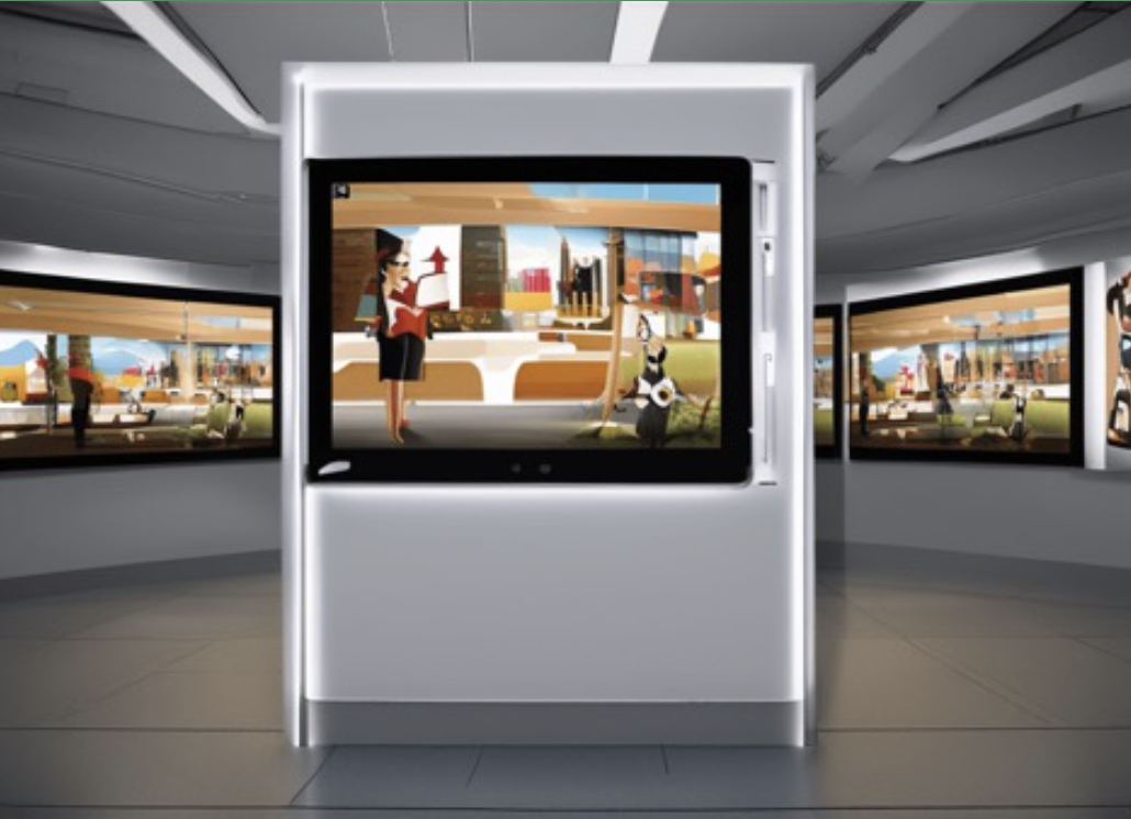 Room with animated woman and in a cityscape