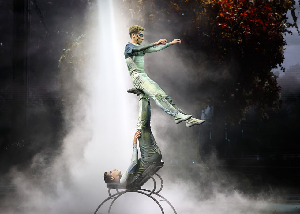cirque artist sitting on another's feet while balancing on a wheel