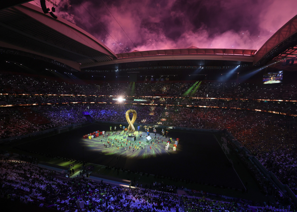 Football stadium with large trophy in the middle
