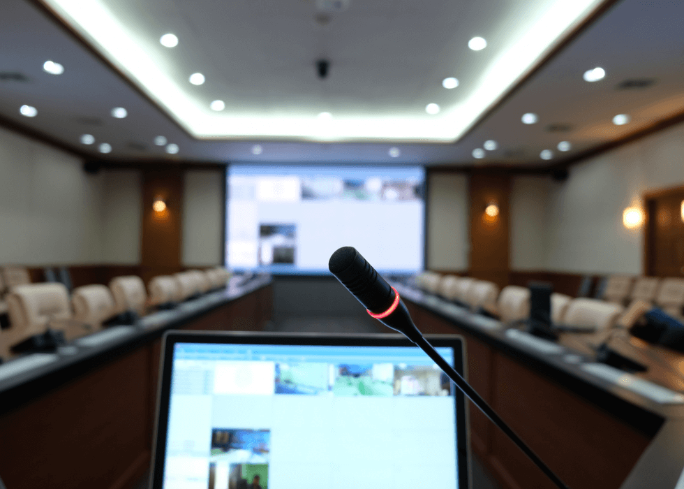 pa_system Close-Up Of Microphone And Laptop In Conference Room