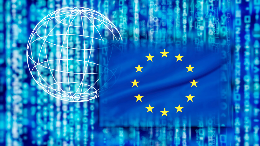 Blue background with code, European flag, matrix and globe
