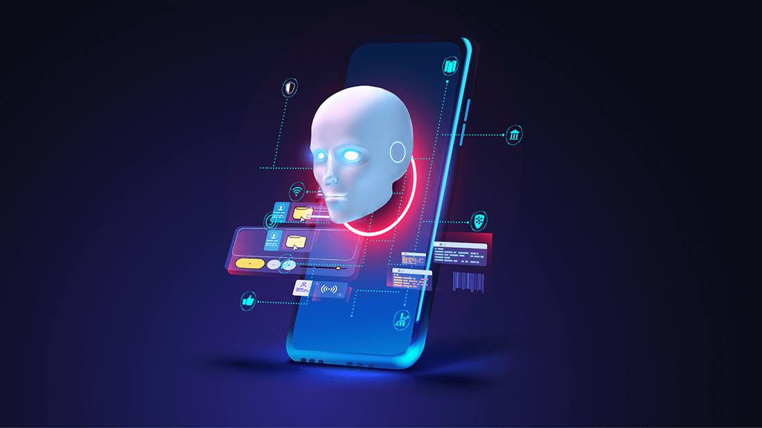 AI head coming out of a smartphone