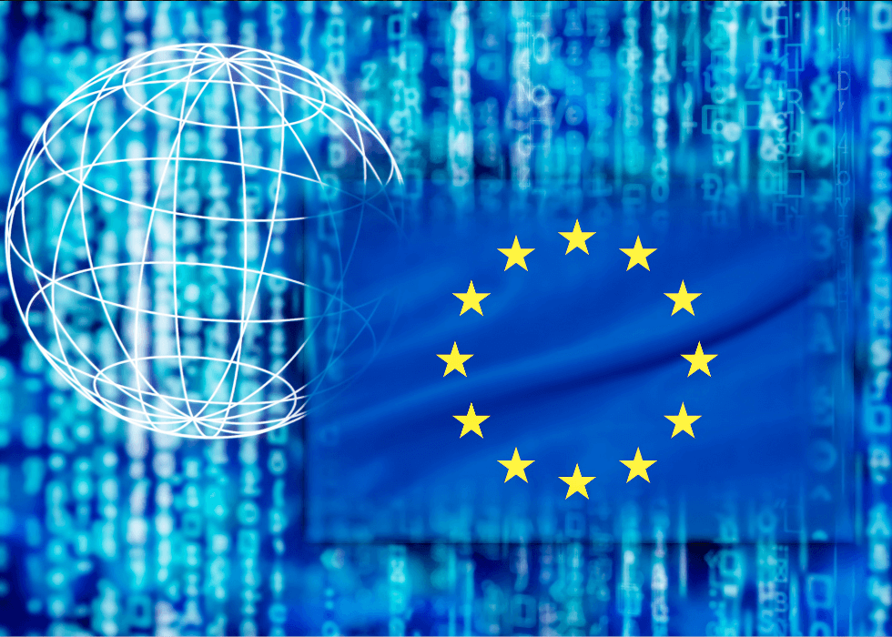 cyber_resilience_act Blue background with code, European flag, matrix and globe