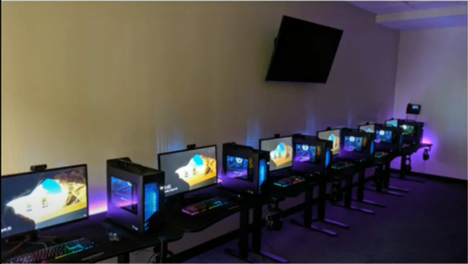 Computers lined up: Cases are RGB and have liquid cooled computers with processors that allow for the fastest possible experience when competing competitively | AVIXA