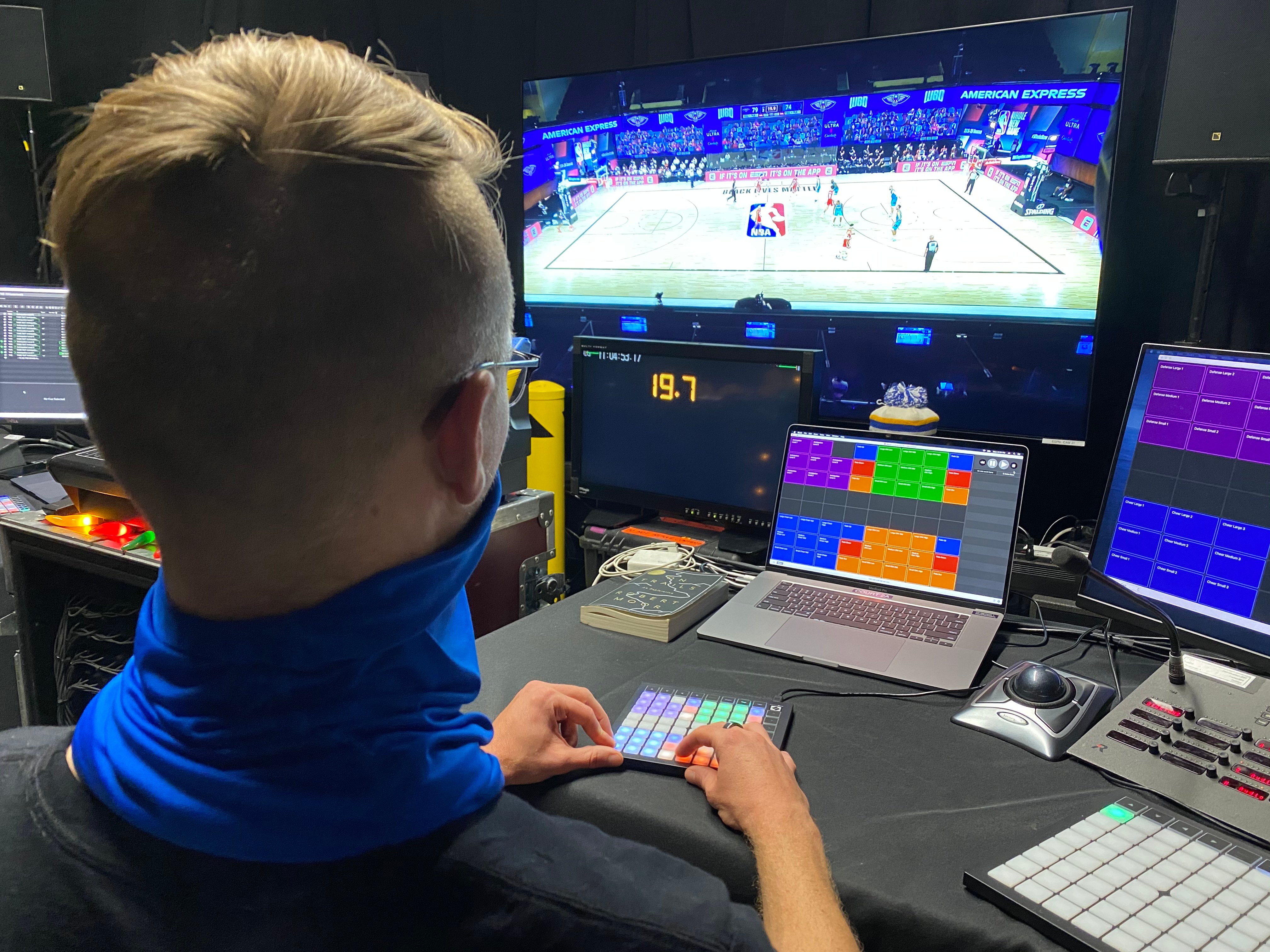Behind the scenes, sweeteners trigger crowd reactions from a vast trove of 1800 separate cues in QLab, which are then randomized and sent to different parts of the 10-zone surround system to create a natural effect. | AVIXA