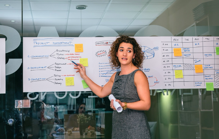 Image of instructor with project management diagrams on white board | AVIXA
