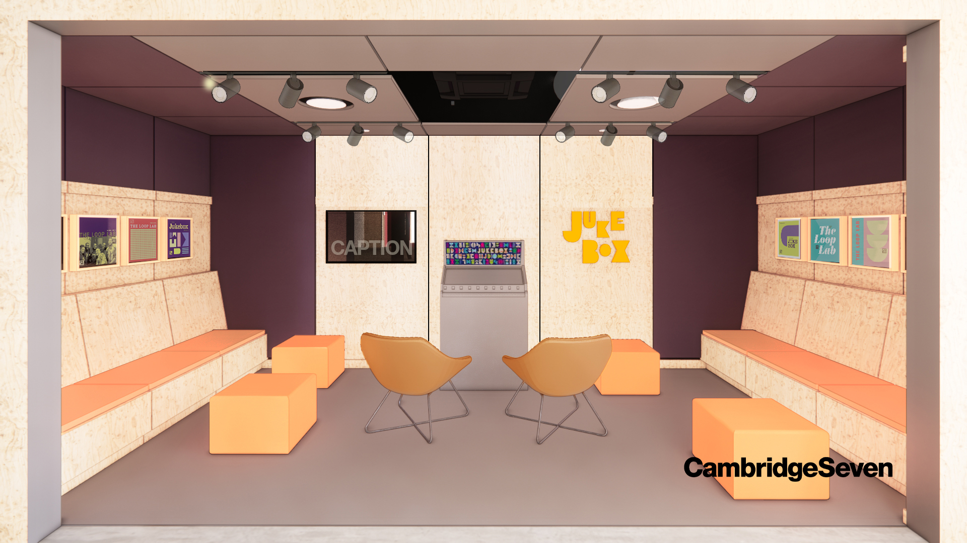 Rendering of the “Jukebox Nook” at
the Cambridge Foundry, courtesy of
CambridgeSeven Architects | AVIXA