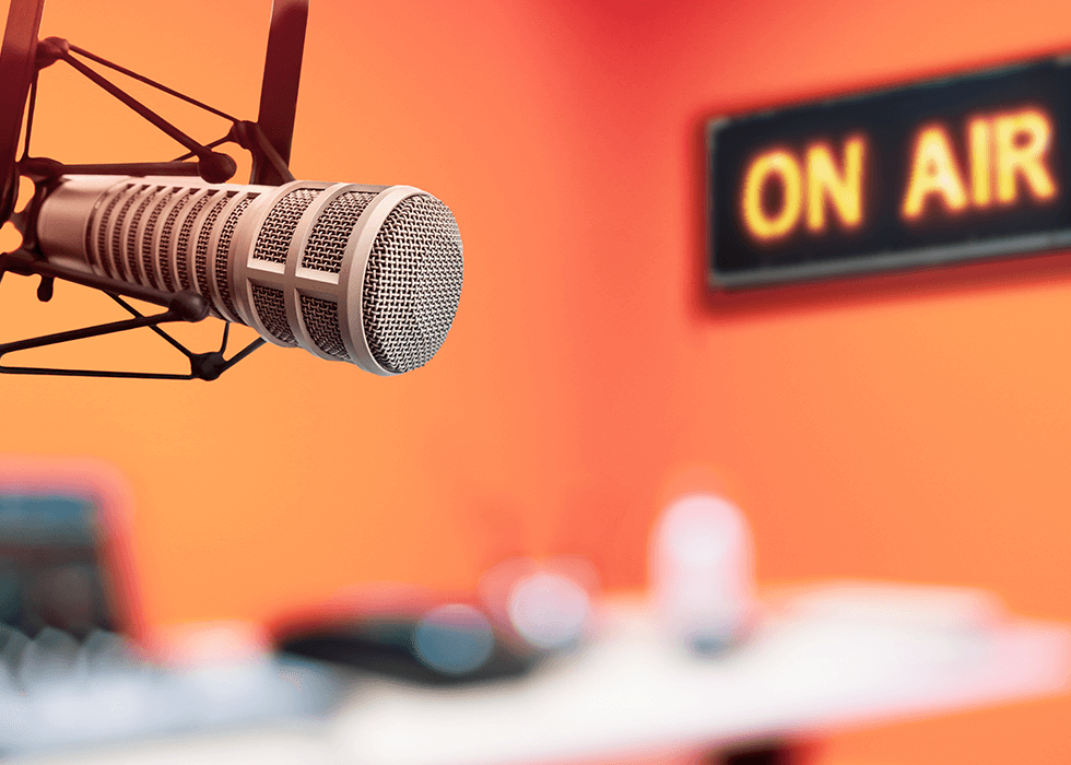 Closeup of a microphone in a broadcast studio